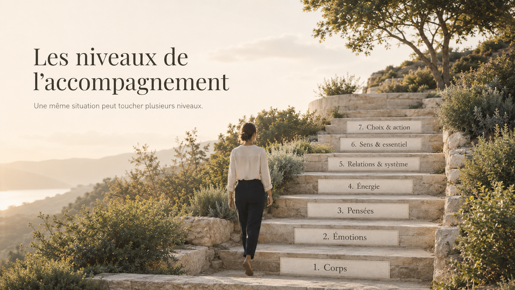 Une femme avançant vers un escalier dans la nature, image des différents niveaux de l'accompagnement